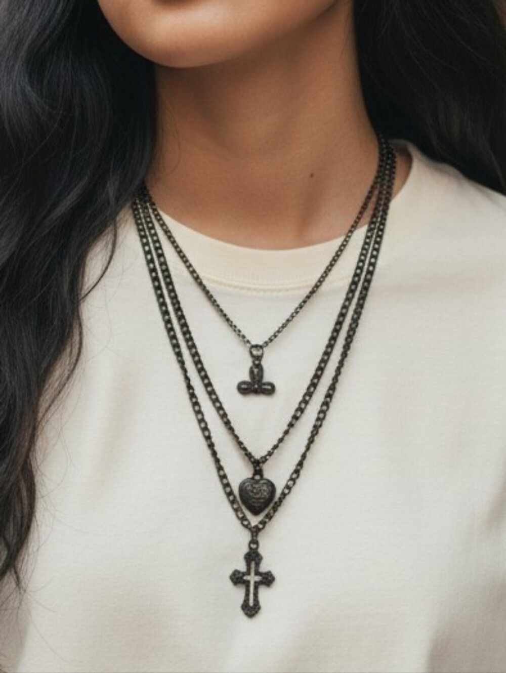 Black Copper Gothic Cross Heart Necklace Layered